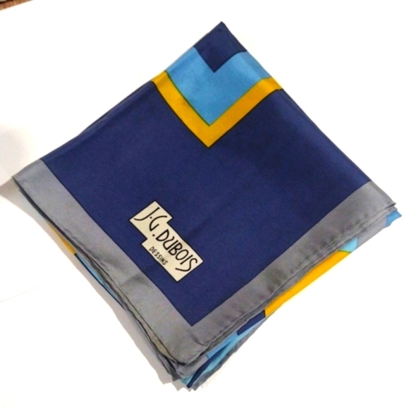 J.D. Dubois Silk Scarf 30x30 – Luxe Geometric Blue & Gold Tie Style Accessory - Picture 3 of 14